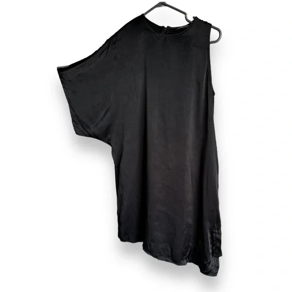 ZARA WOMAN Black Satin Asymmetrical Short Sleeve One Shoulder Midi Dress - Picture 1 of 3